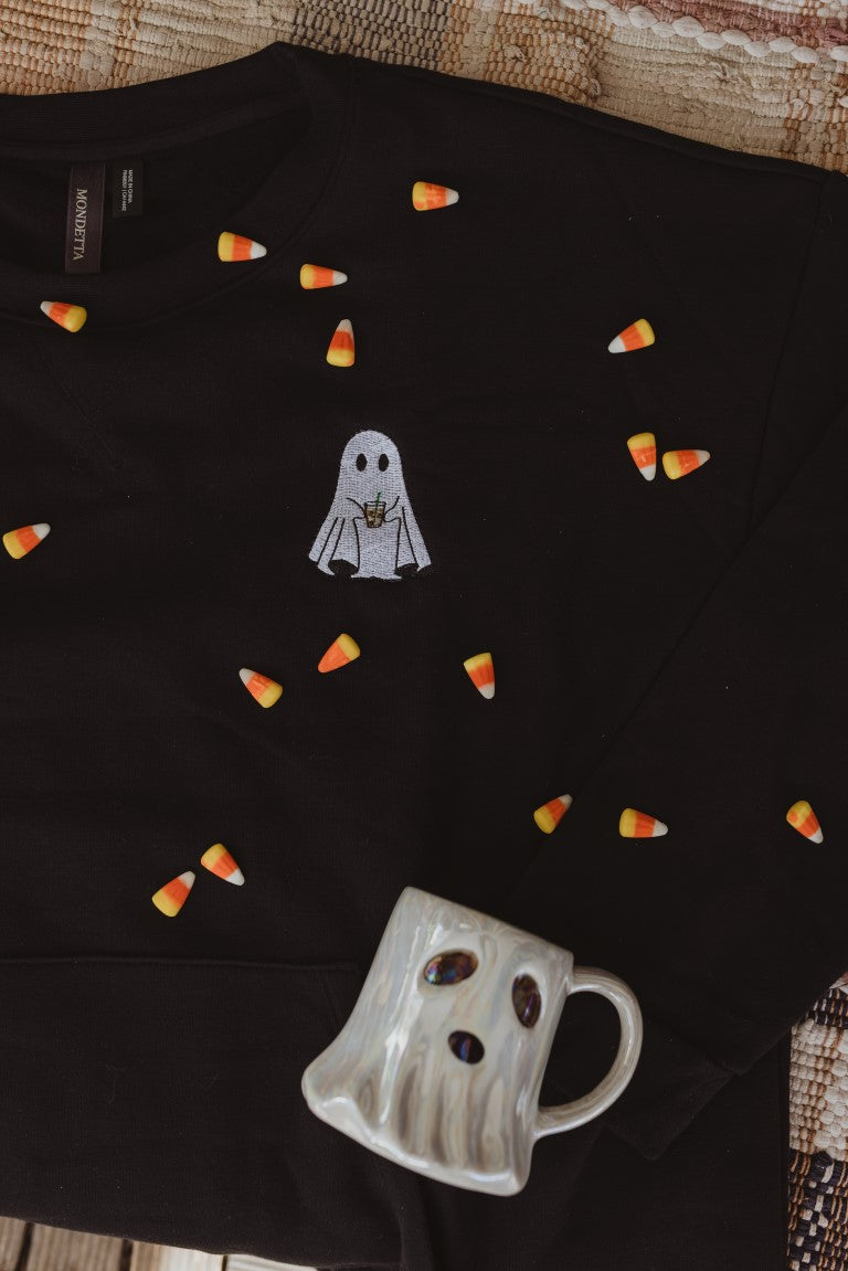 staged sweatshirt photo of ghost holding iced coffee - Halloween sweatshirt