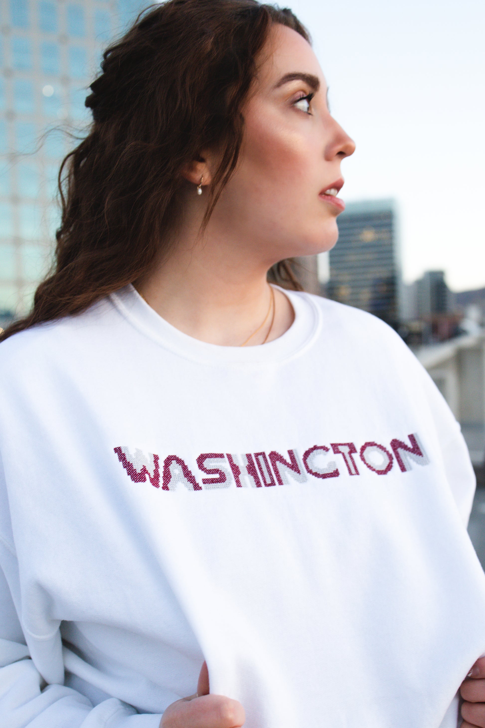 Washington cross stitch embroidered on crewneck sweatshirt