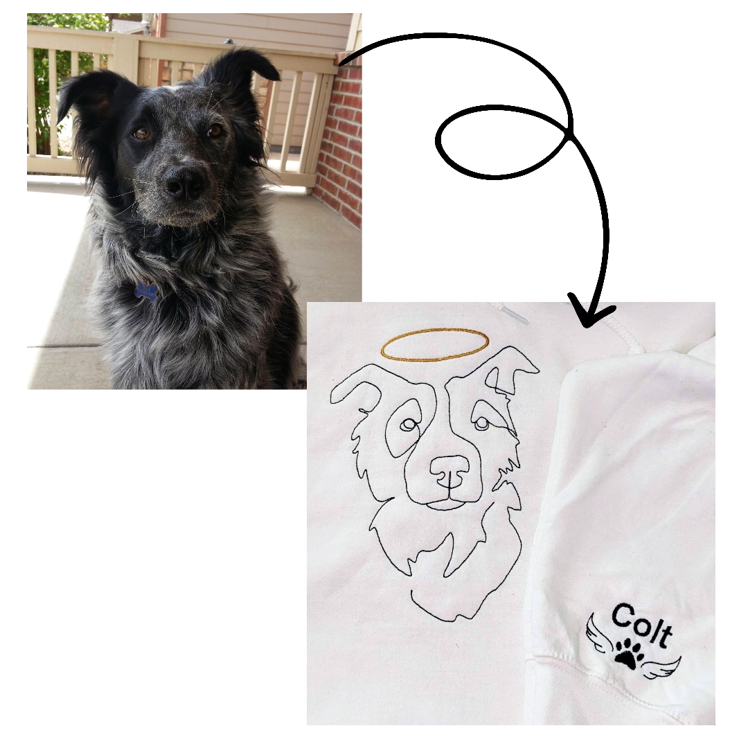 Embroidered dog with halo and pawprint sleeve design on memorial crewneck sweatshirt