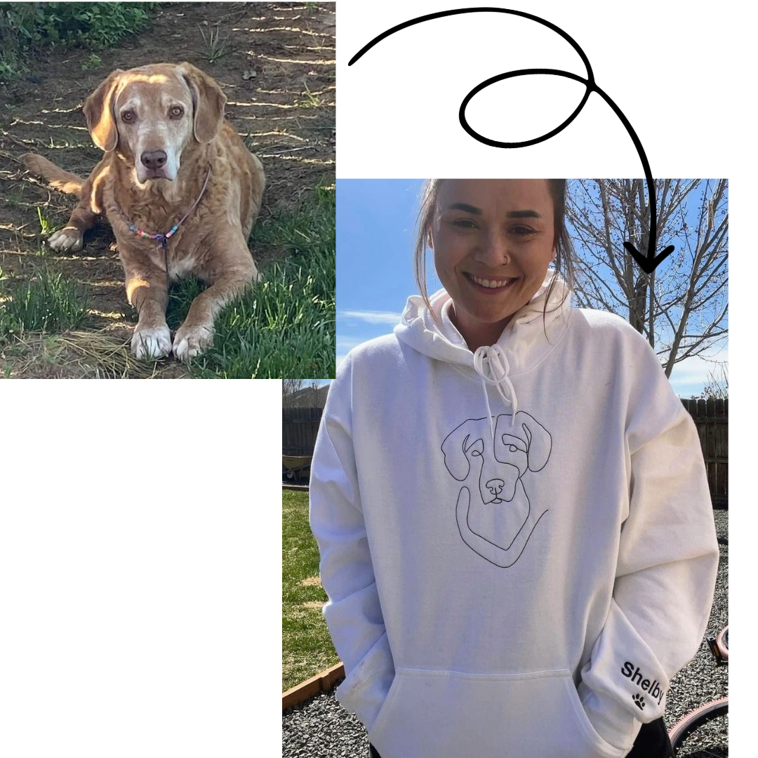 Embroidered pet line art on hooded (hoodie) sweatshirt