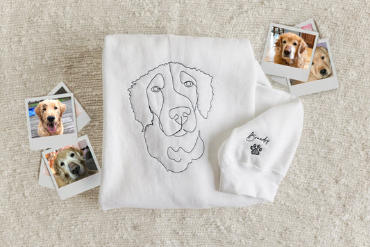 embroidered sweatshirt with a dog surrounded by photos of the dog