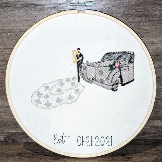 embroidered hoop based on wedding photo of couple with beautiful wedding dress and classic car