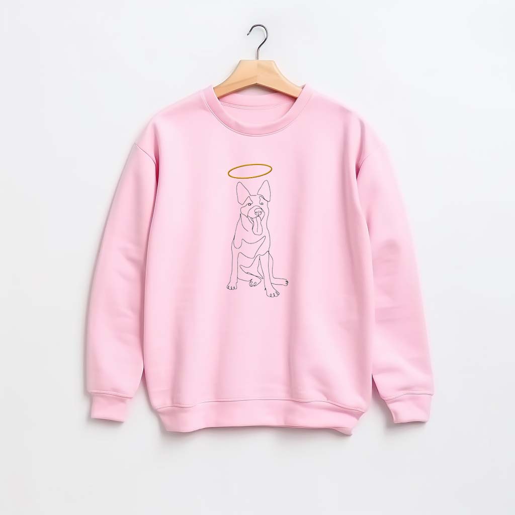 pink pet memorial sweatshirt with dog in line drawing style embroidered with a halo