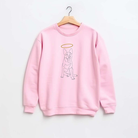 pink pet memorial sweatshirt with dog in line drawing style embroidered with a halo