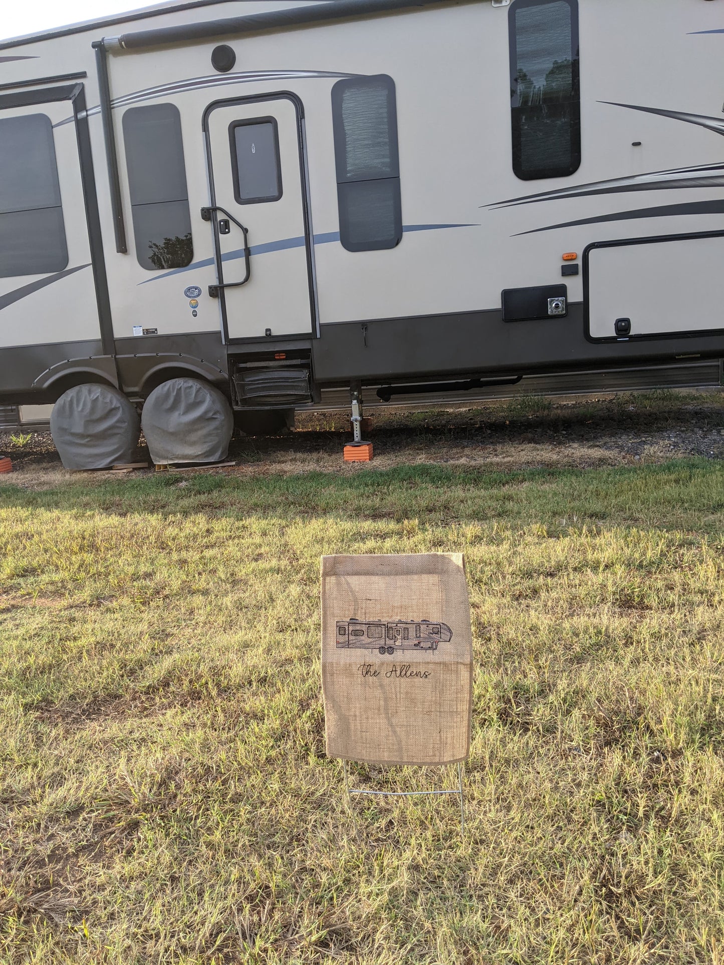 Custom trailer embroidered on a burlap garden flag