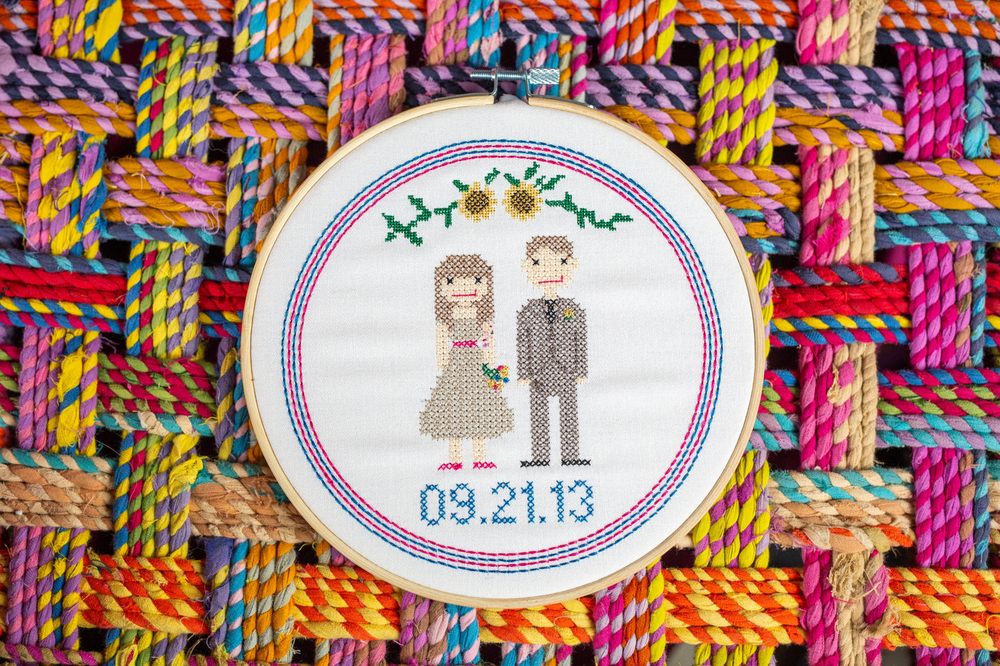 Custom wedding cross stitch couple embroidered in a frame