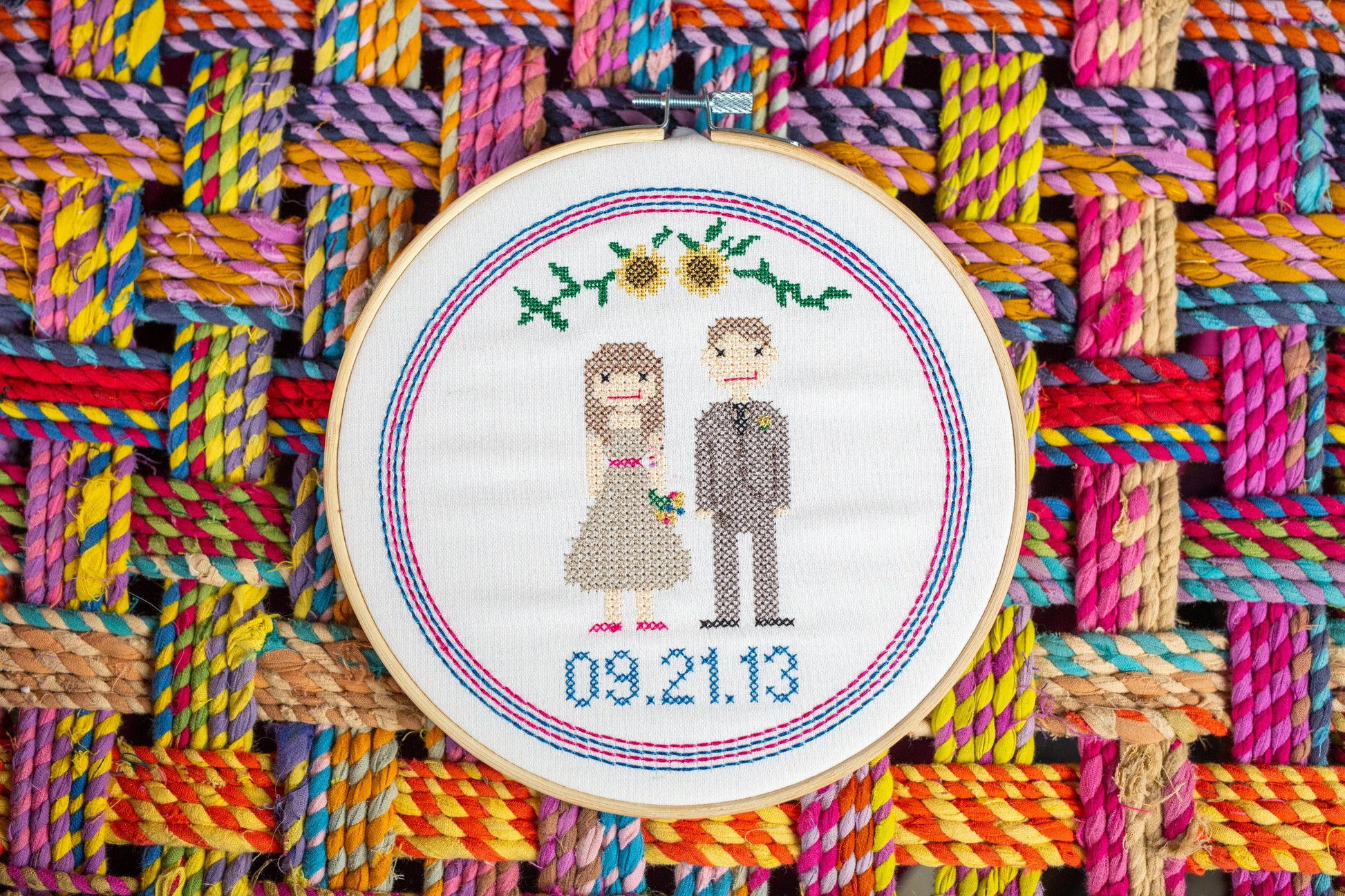 Custom wedding cross stitch couple embroidered in a frame