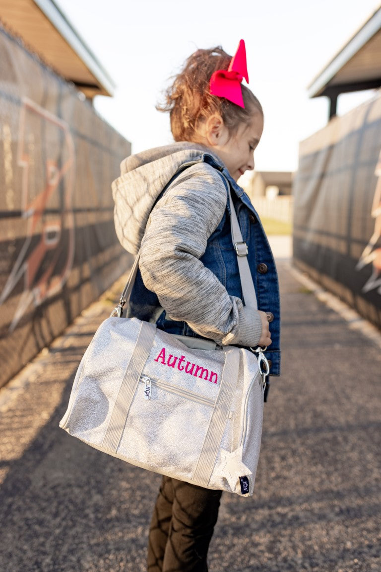 Personalized Kids Sparkle Duffle Bag — Embroidered Name & Sport Bow