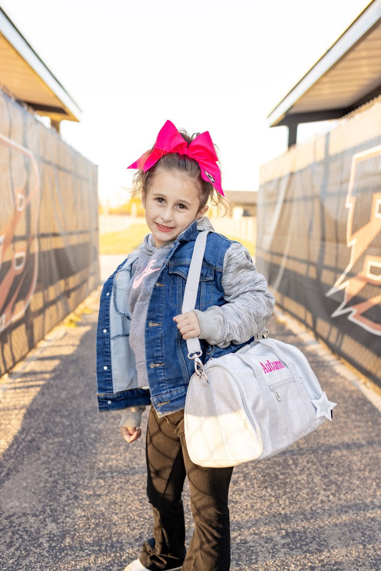 Personalized Kids Sparkle Duffle Bag — Embroidered Name & Sport Bow