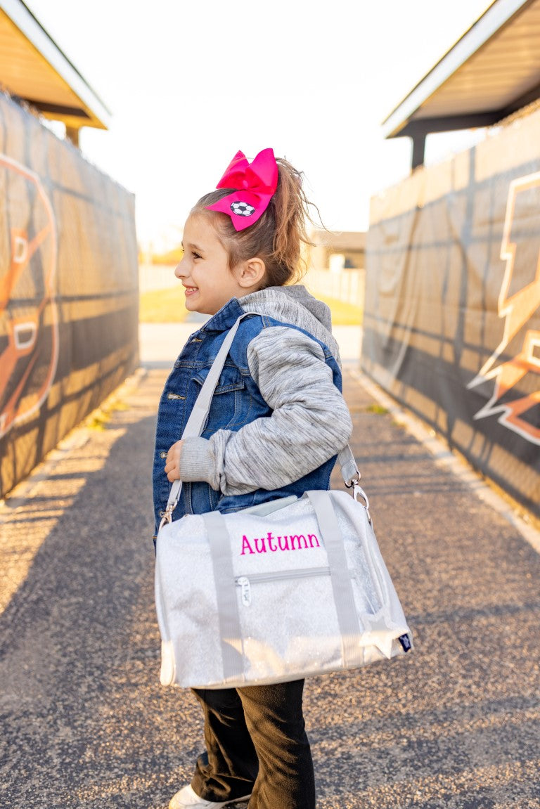 Personalized Kids Sparkle Duffle Bag — Embroidered Name & Sport Bow