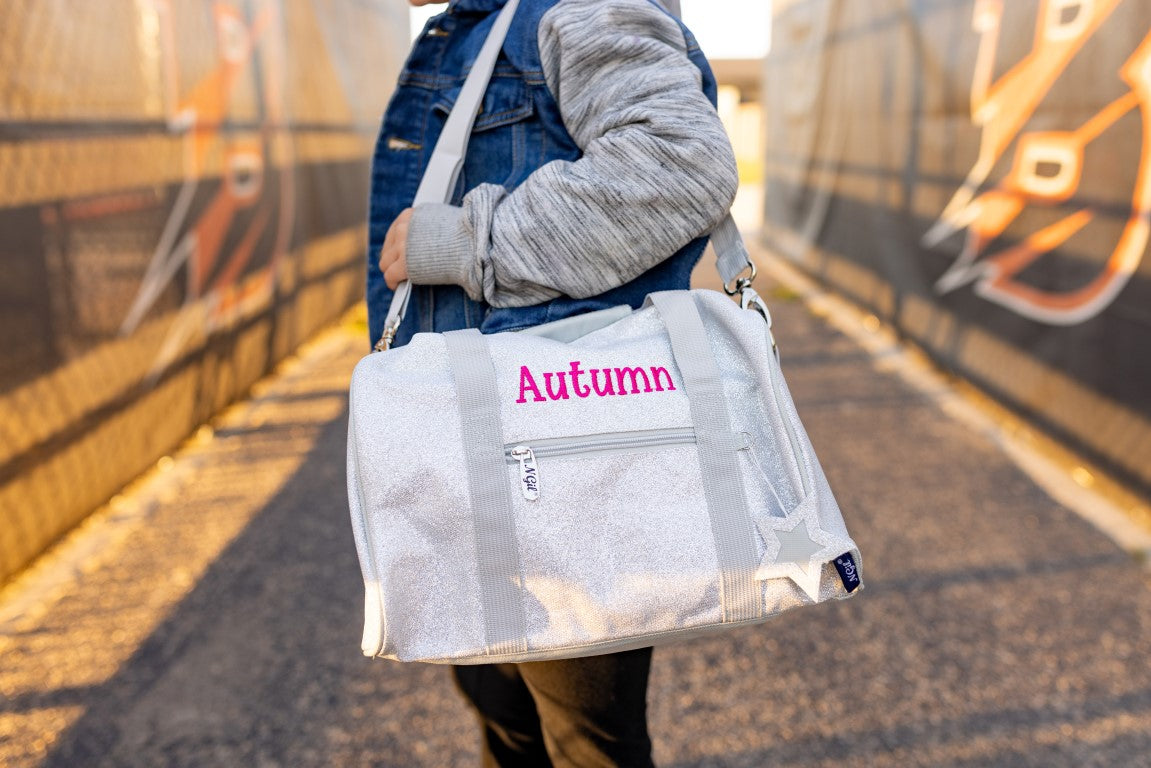 Personalized Kids Sparkle Duffle Bag — Embroidered Name & Sport Bow
