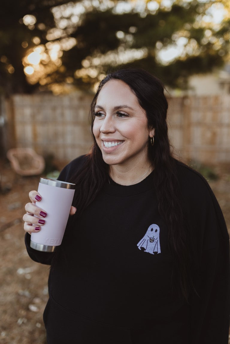 ghost holding iced coffee embroidery - fall sweatshirt