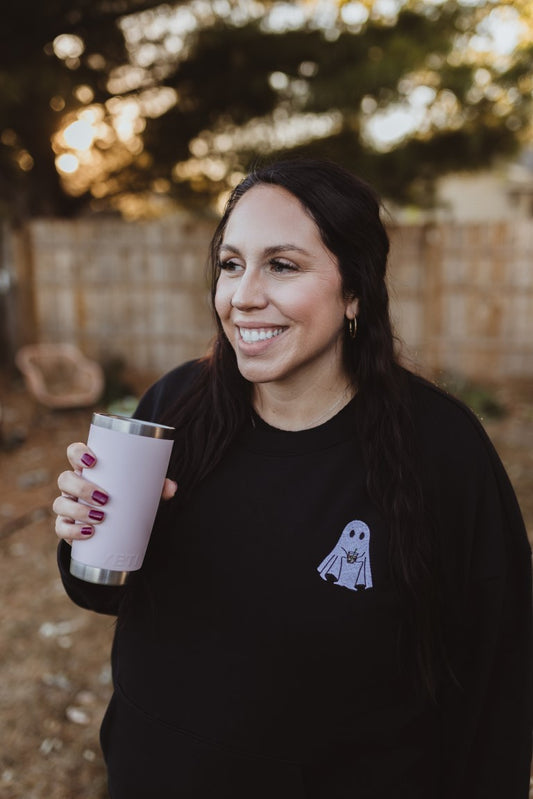 ghost holding iced coffee embroidery - fall sweatshirt