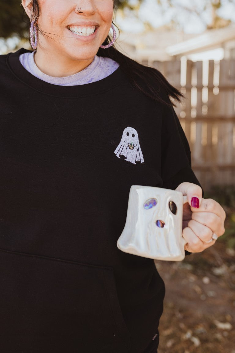 iced coffee left chest design on woman's sweatshirt
