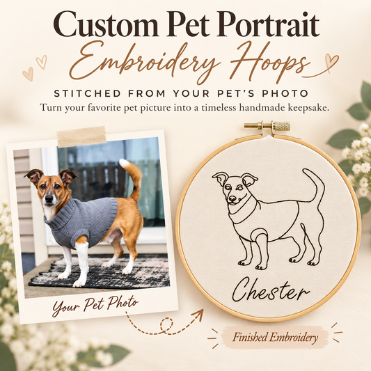 showing dog photo turned into single line drawing stitched in embroidery hoop with dog name below.