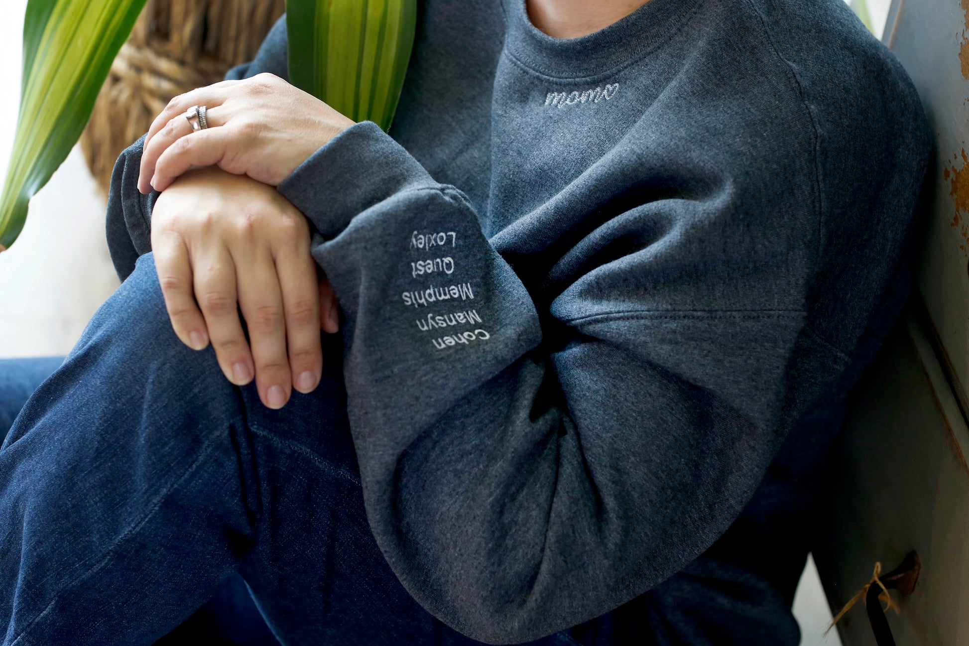 Mama collar sweatshirt with five kids' names embroidered on the sleeve