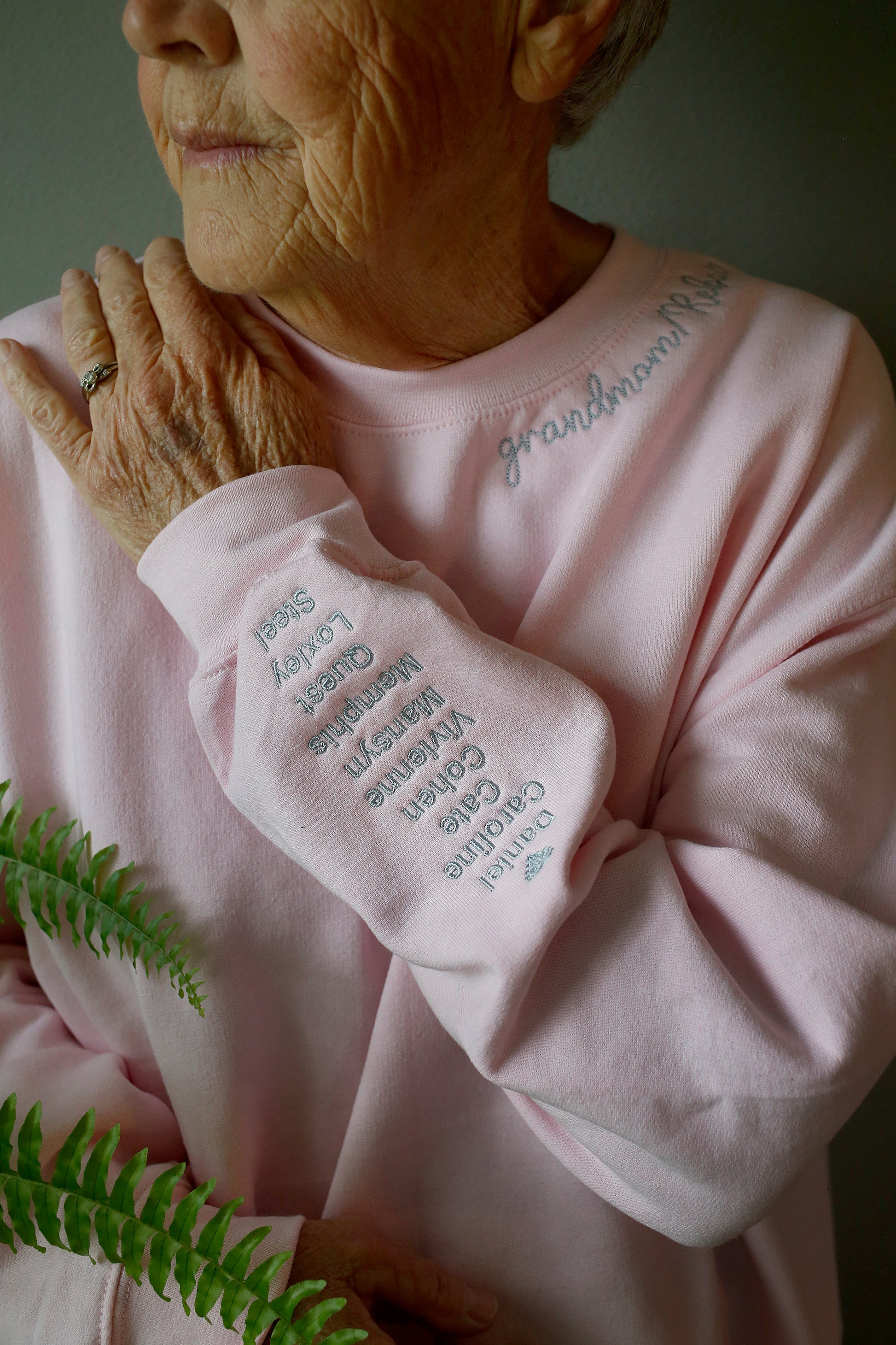 Grandmom collar sweatshirt with grandkids' names embroidered on the sleeve
