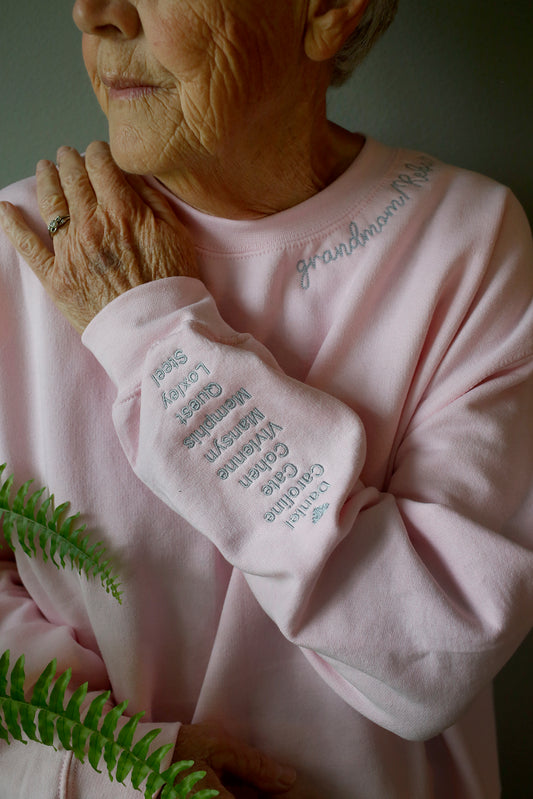 Grandmom collar sweatshirt with grandkids' names embroidered on the sleeve