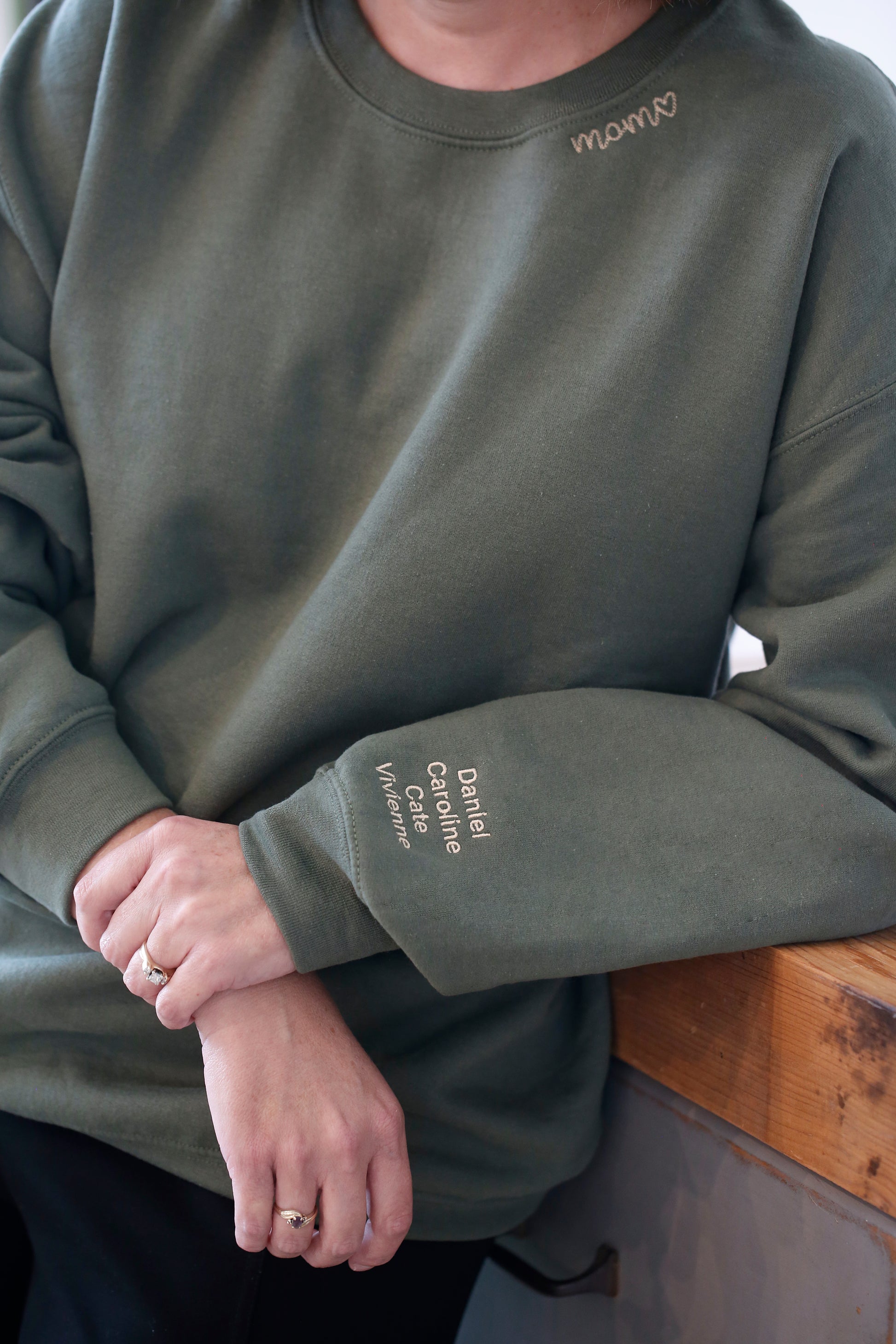 Mama collar sweatshirt with kids' names embroidered on the sleeve