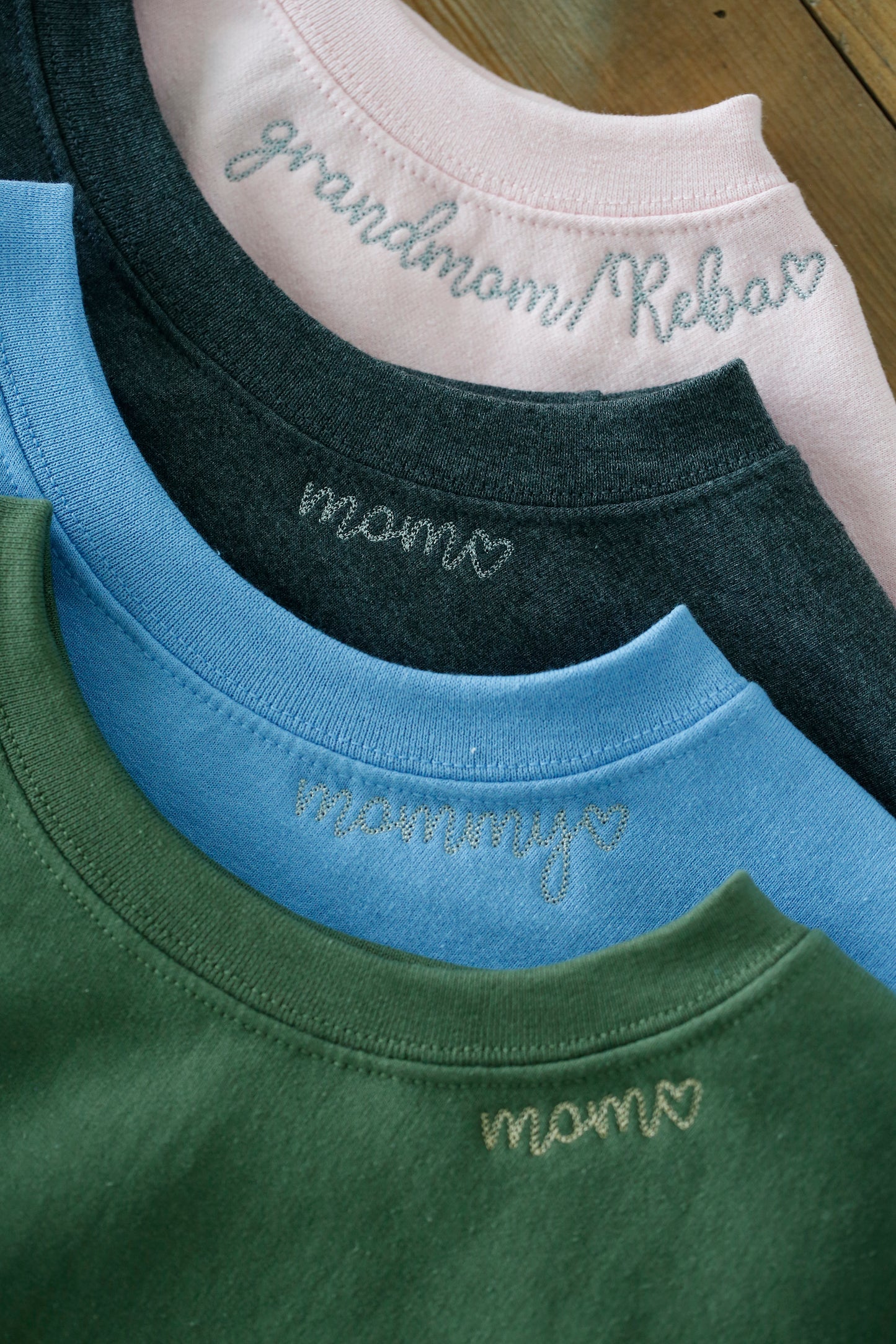 Mama, mommy, and grandmom collar sweatshirts in pink, green, and blue