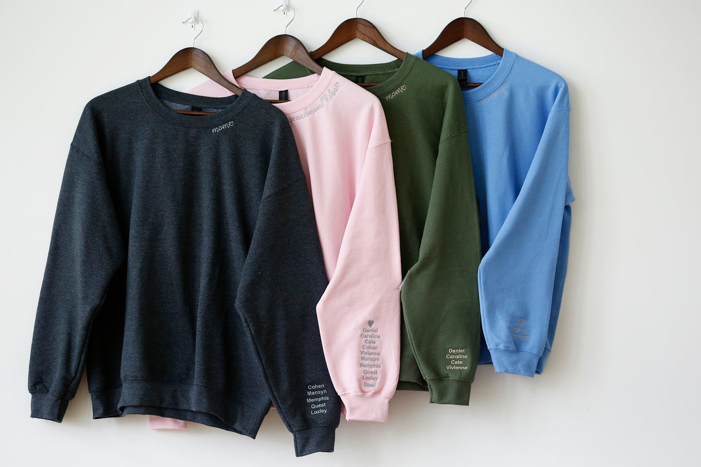 Mama collar sweatshirt in four colors with kids' names embroidered on the sleeve