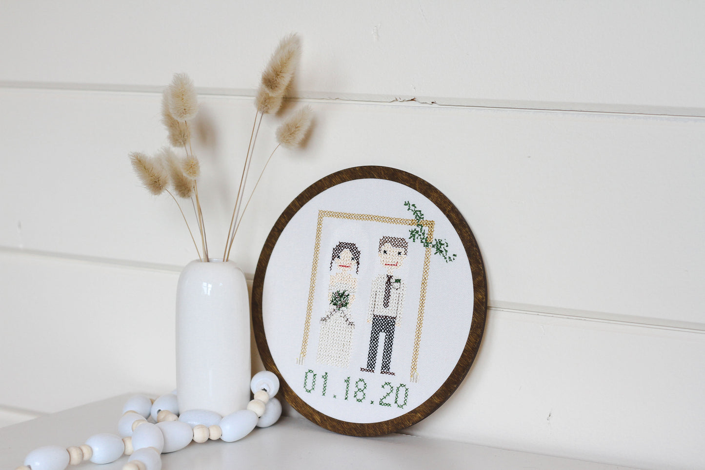Custom wedding cross stitch portrait framed in wood