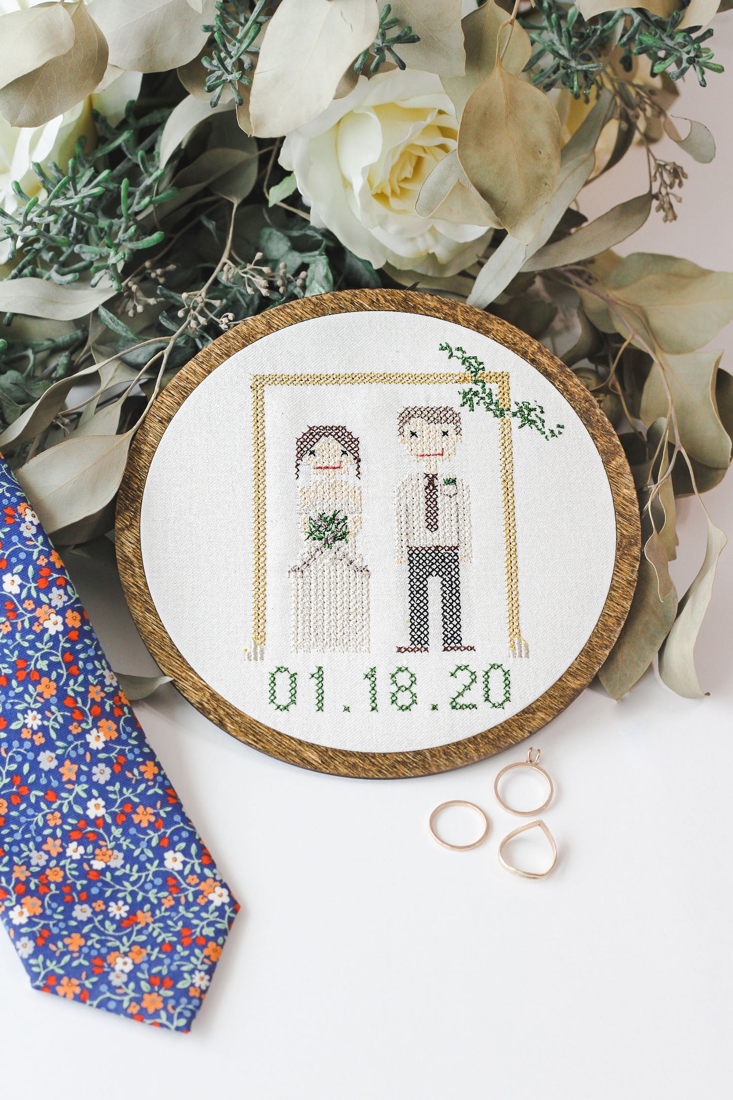 Cross stitch couple embroidered from a wedding photo