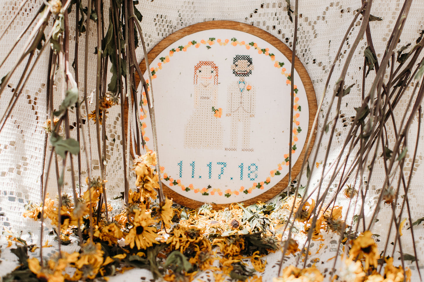 Embroidered cross stitch wedding couple in a wooden frame