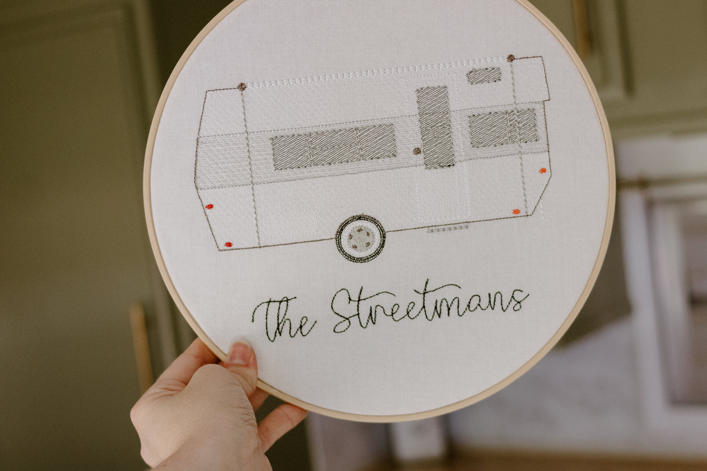 Custom camper embroidered in a 10 inch embroidery hoop