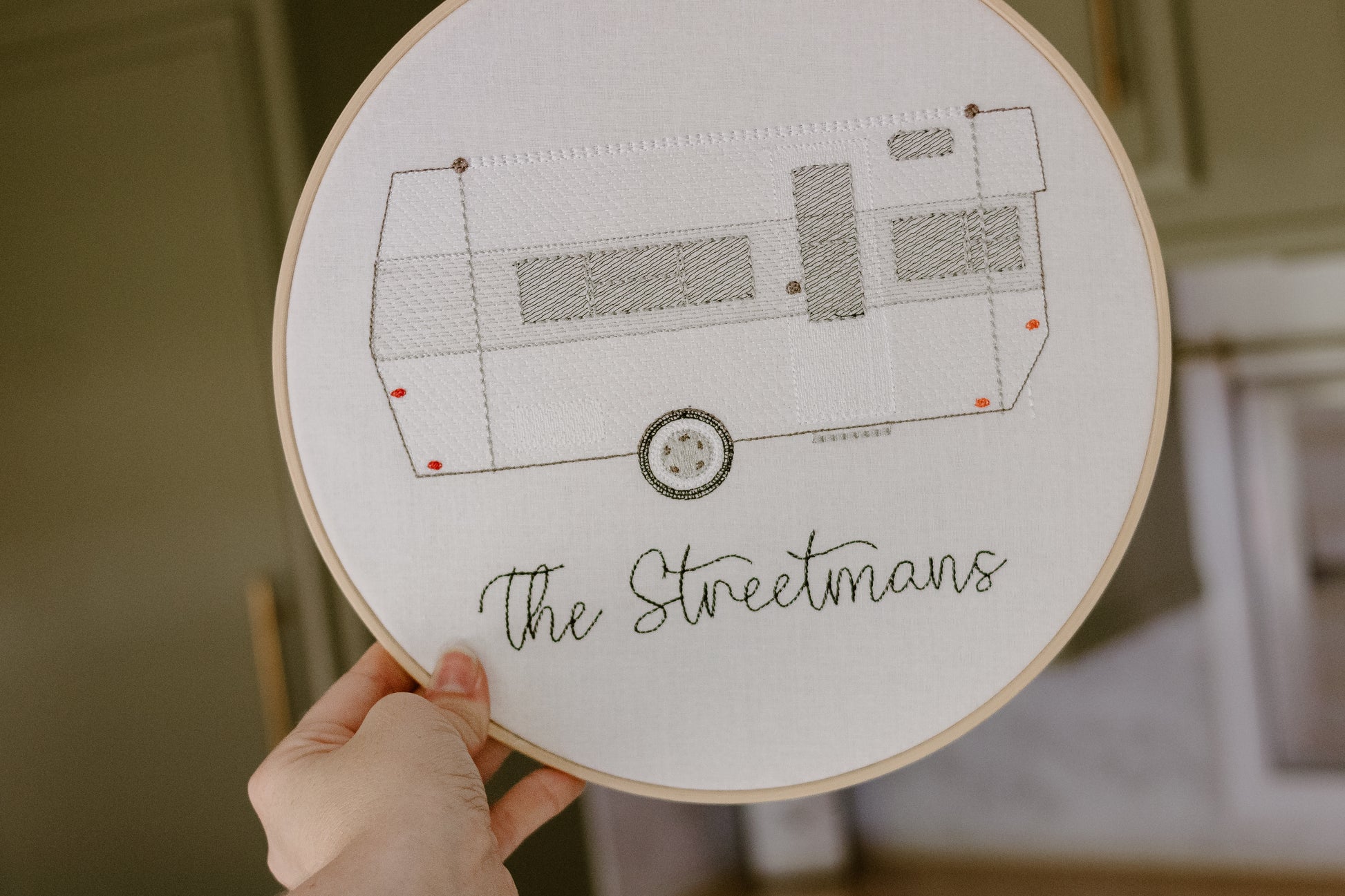 Custom camper embroidered in a 10 inch embroidery hoop