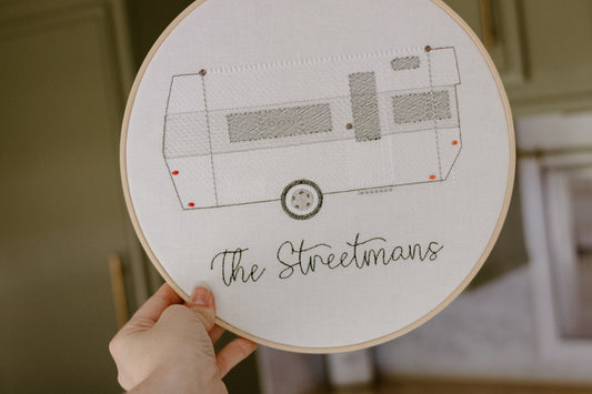Custom camper embroidered in a 10 inch embroidery hoop