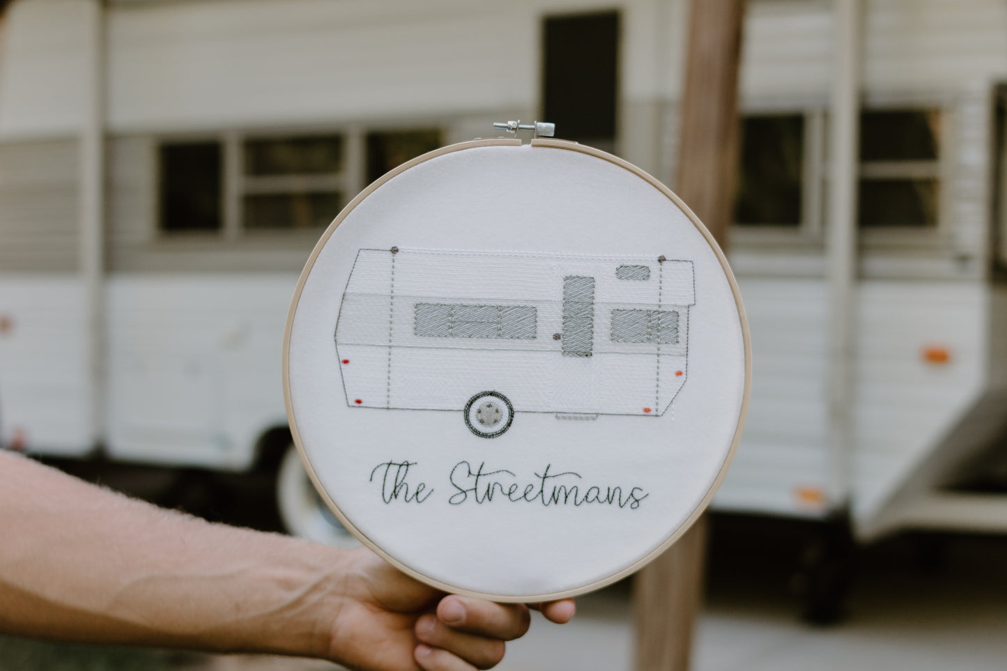 Embroidered camper keepsake hoop for RV life