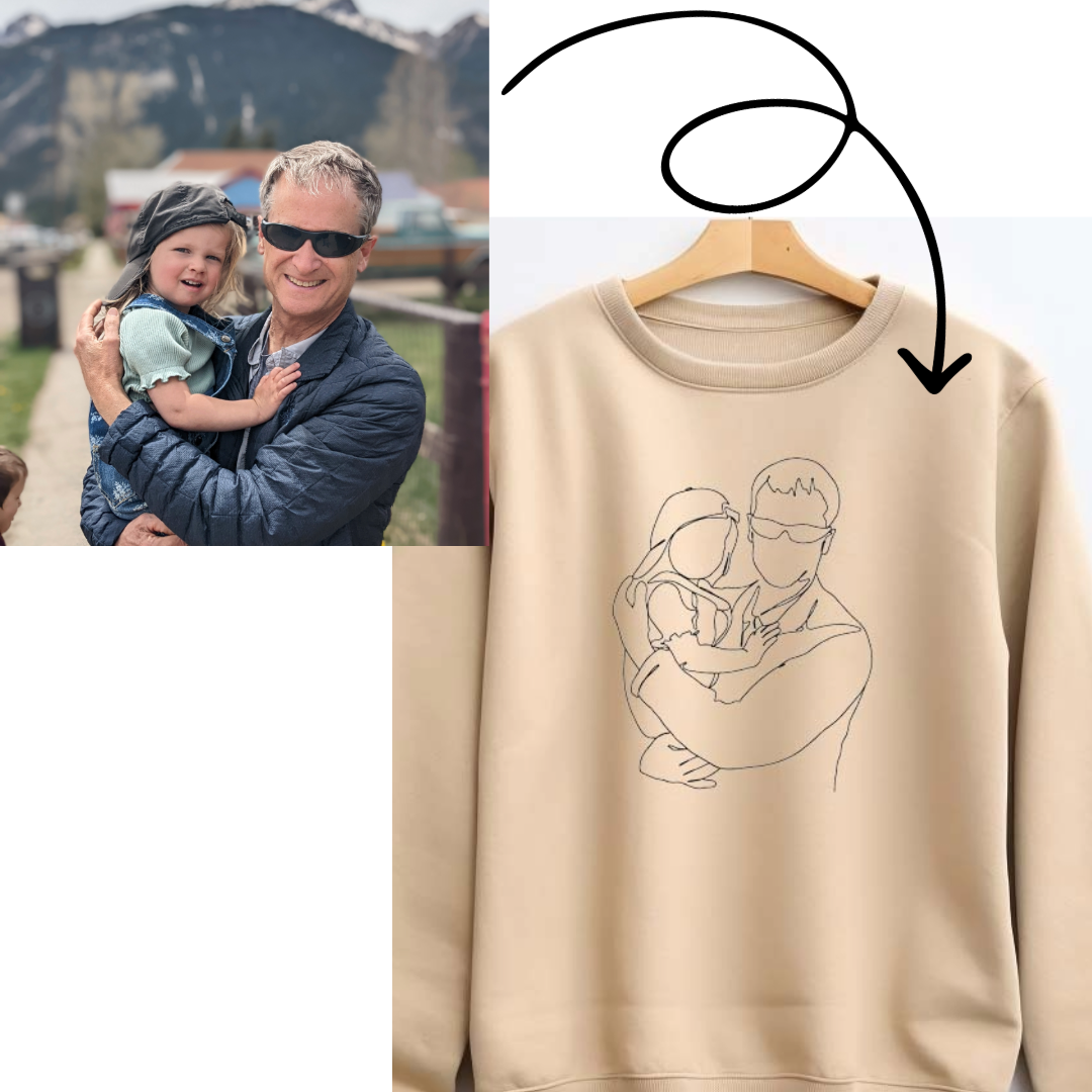 Embroidered photo line art on crewneck sweatshirt