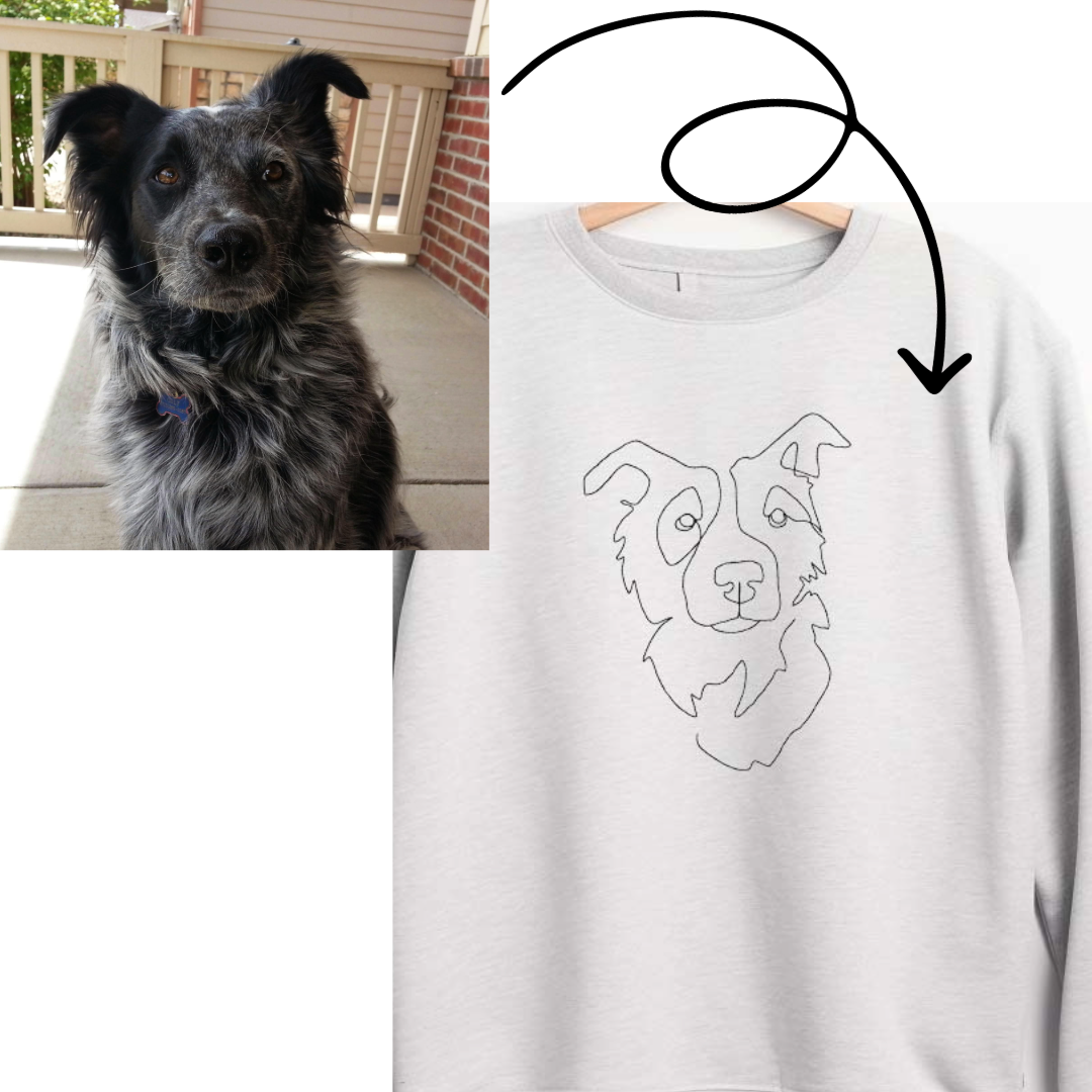 Embroidered dog line art on crewneck sweatshirt