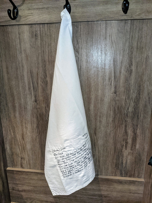 Personalized recipe tea towel stitched in original handwriting