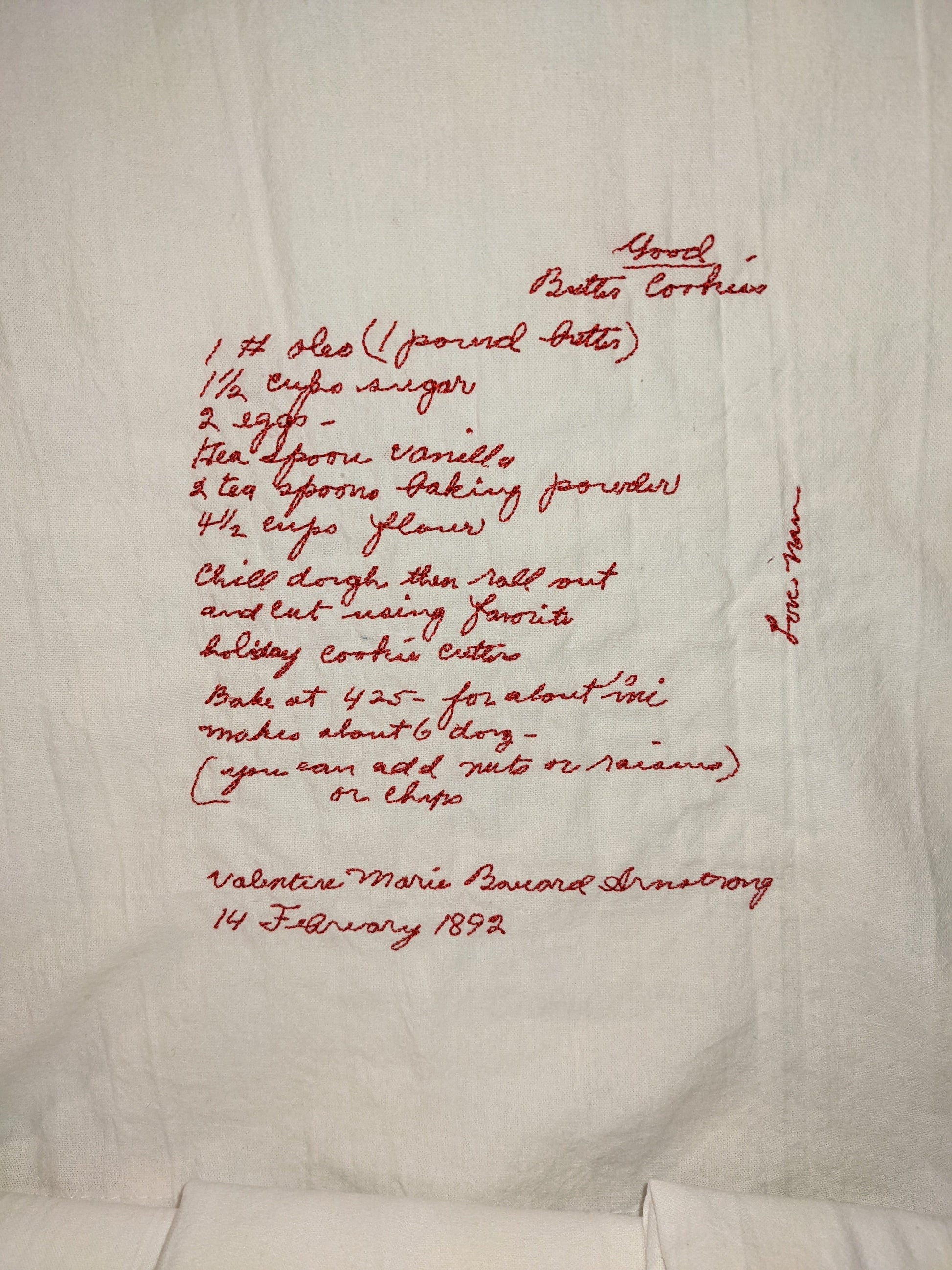 Embroidered recipe keepsake towel from a handwritten recipe