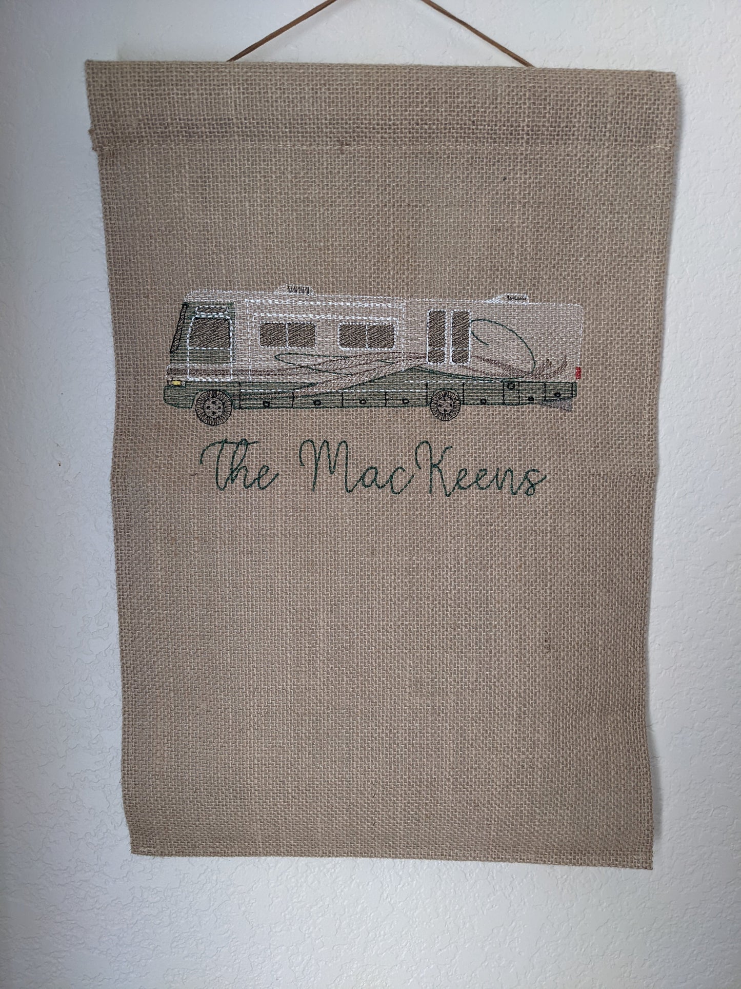 RV embroidered from a photo on a 12 x 18 burlap garden flag