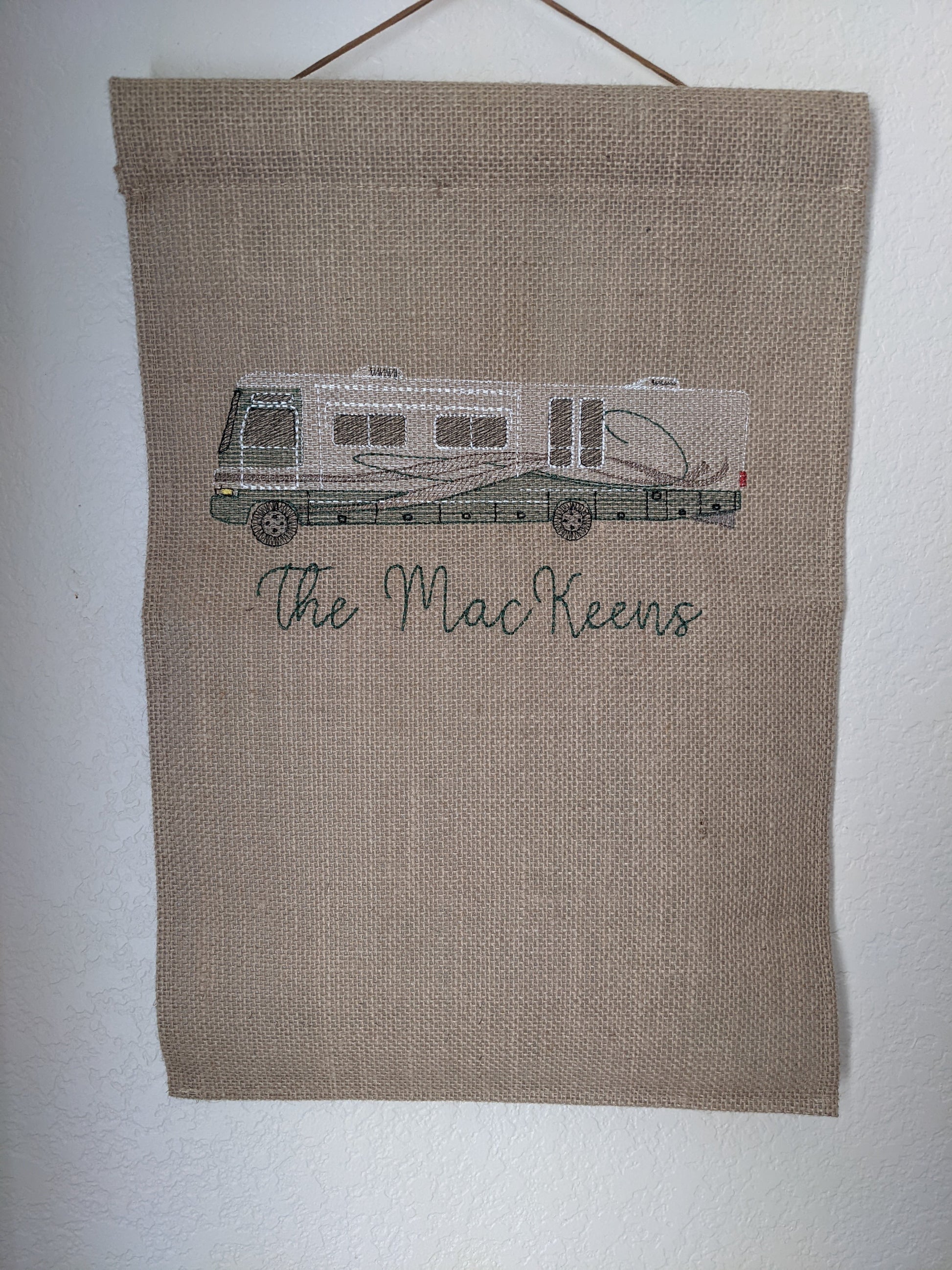 RV embroidered from a photo on a 12 x 18 burlap garden flag