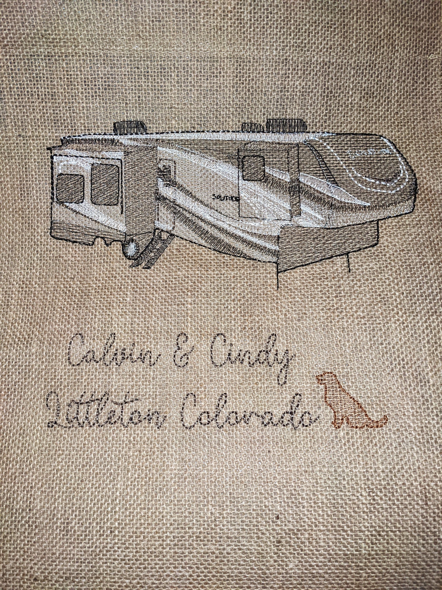 Burlap garden flag with custom embroidered RV