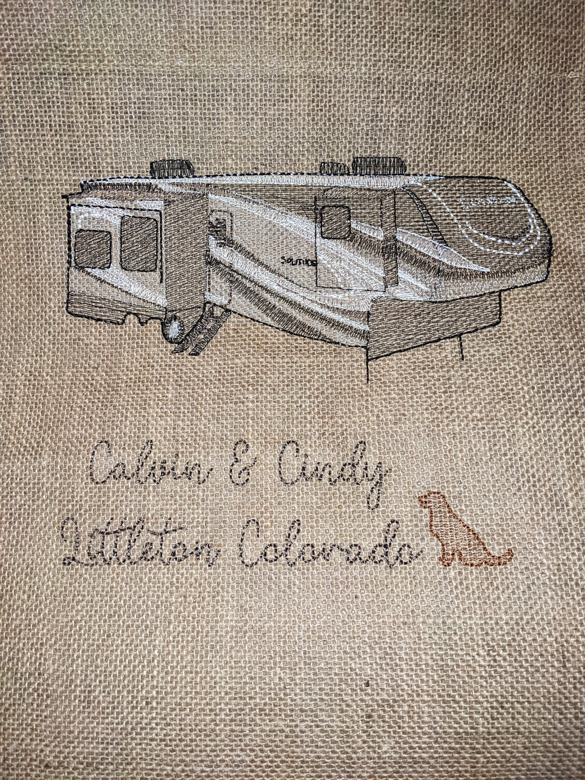 Burlap garden flag with custom embroidered RV