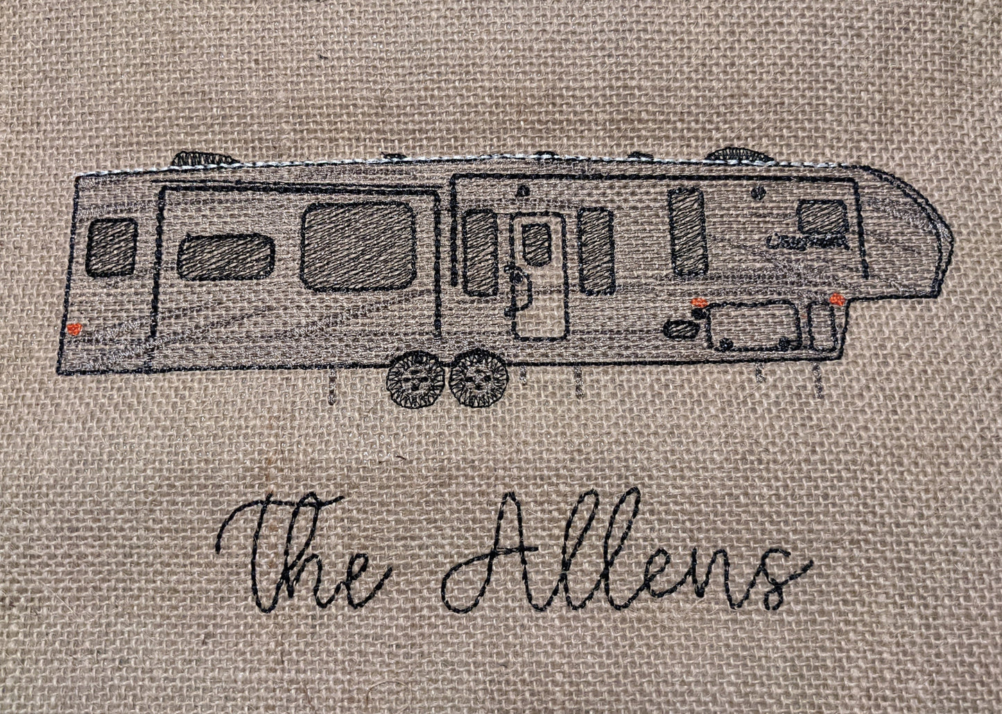 Custom trailer embroidered on a burlap garden flag