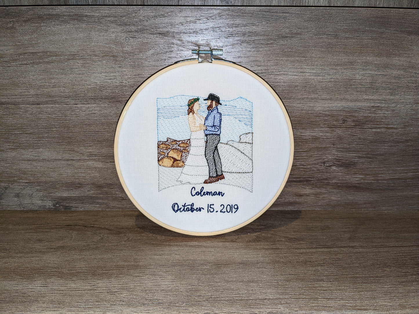 Custom embroidered couple portrait hoop