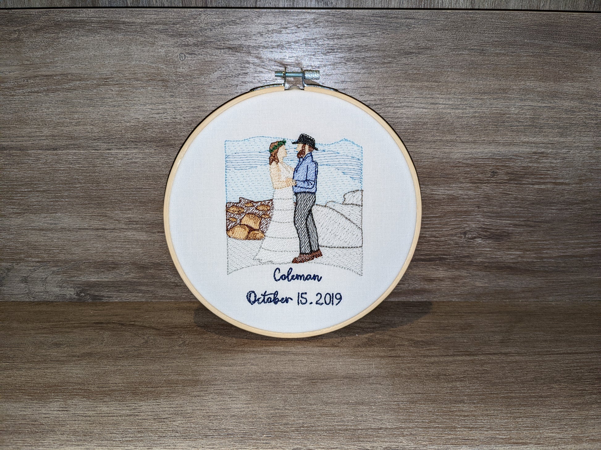 Custom embroidered couple portrait hoop