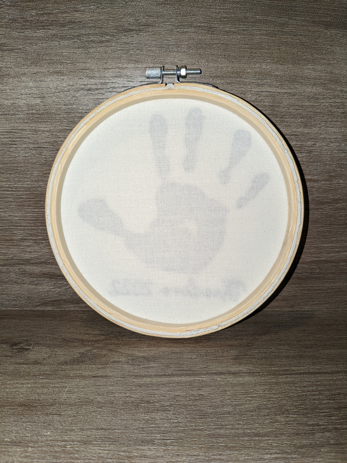 Custom embroidered child handprint keepsake hoop