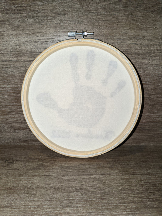 Custom embroidered child handprint keepsake hoop