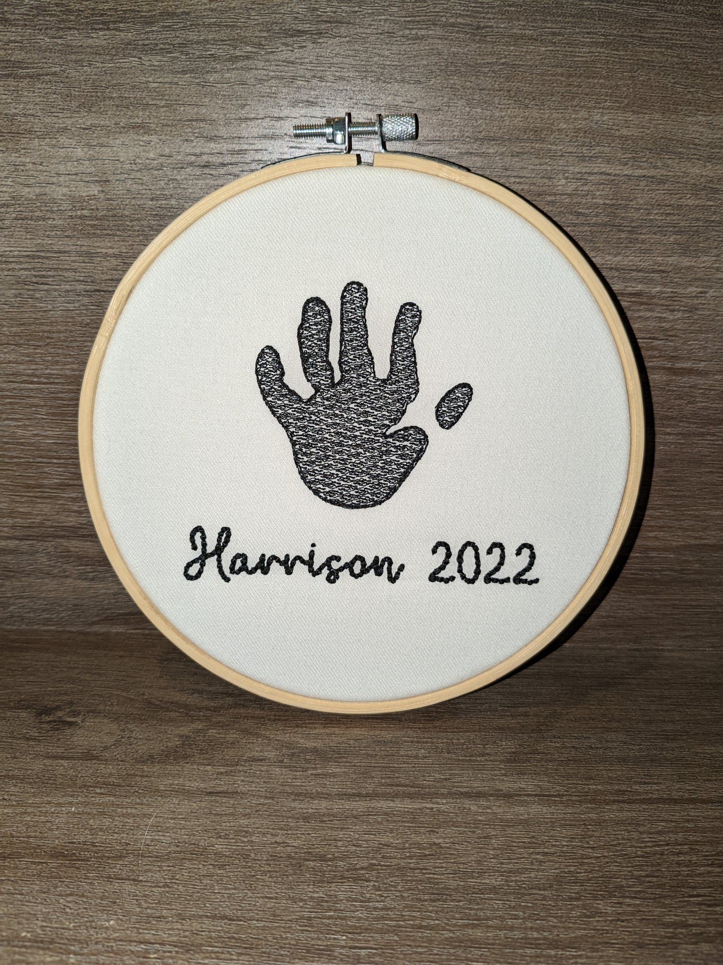 Baby handprint keepsake embroidered at real-life size