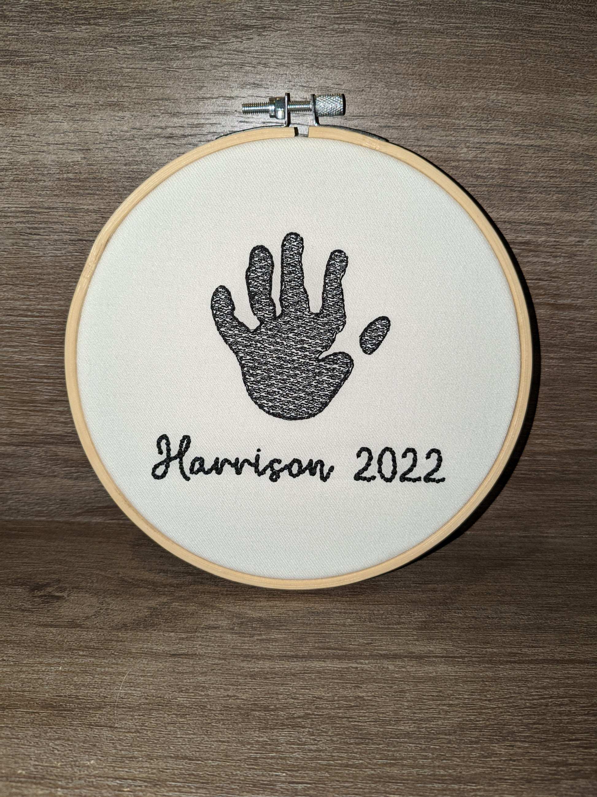 Baby handprint keepsake embroidered at real-life size
