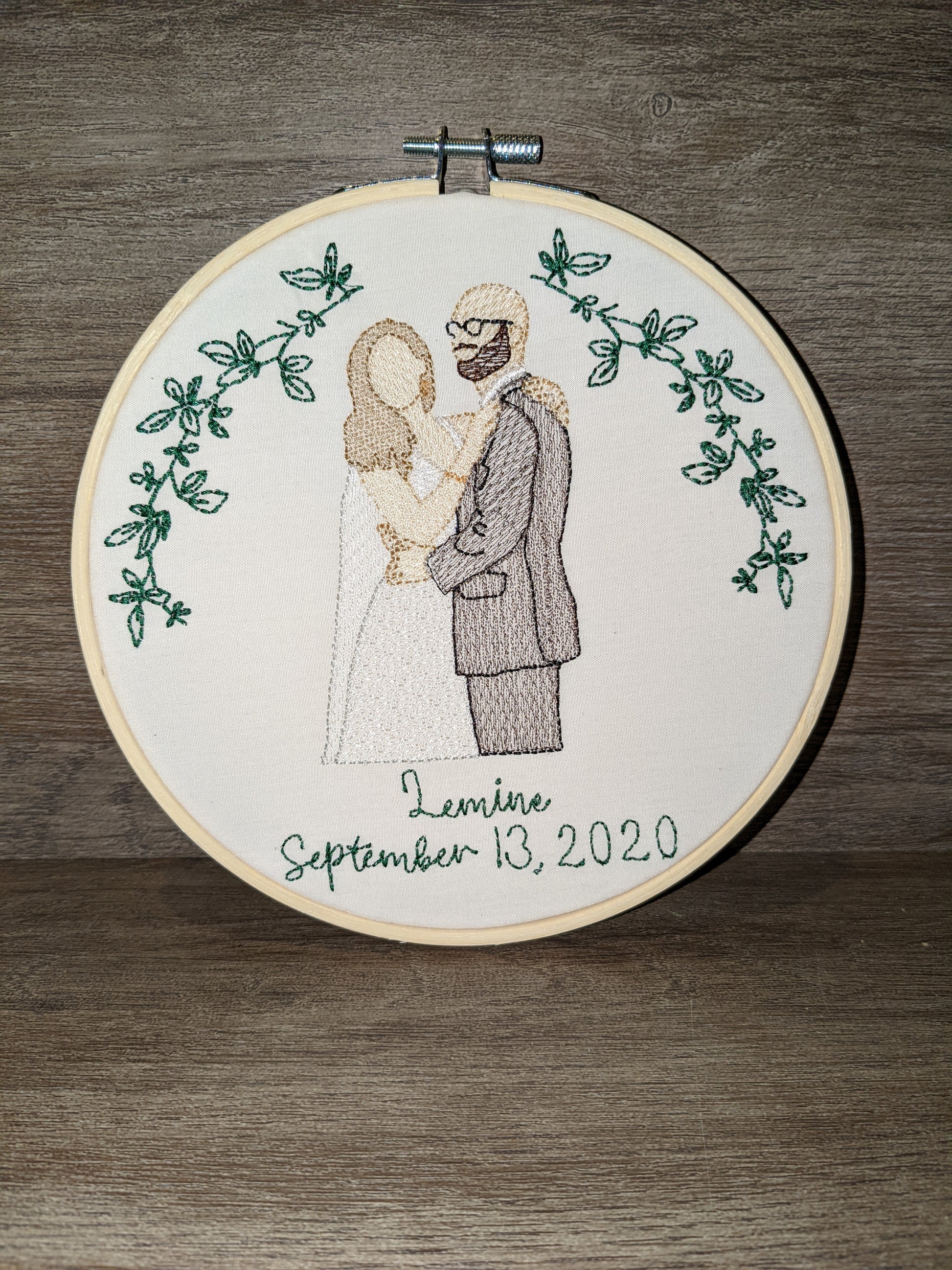 Custom embroidered couple portrait hoop