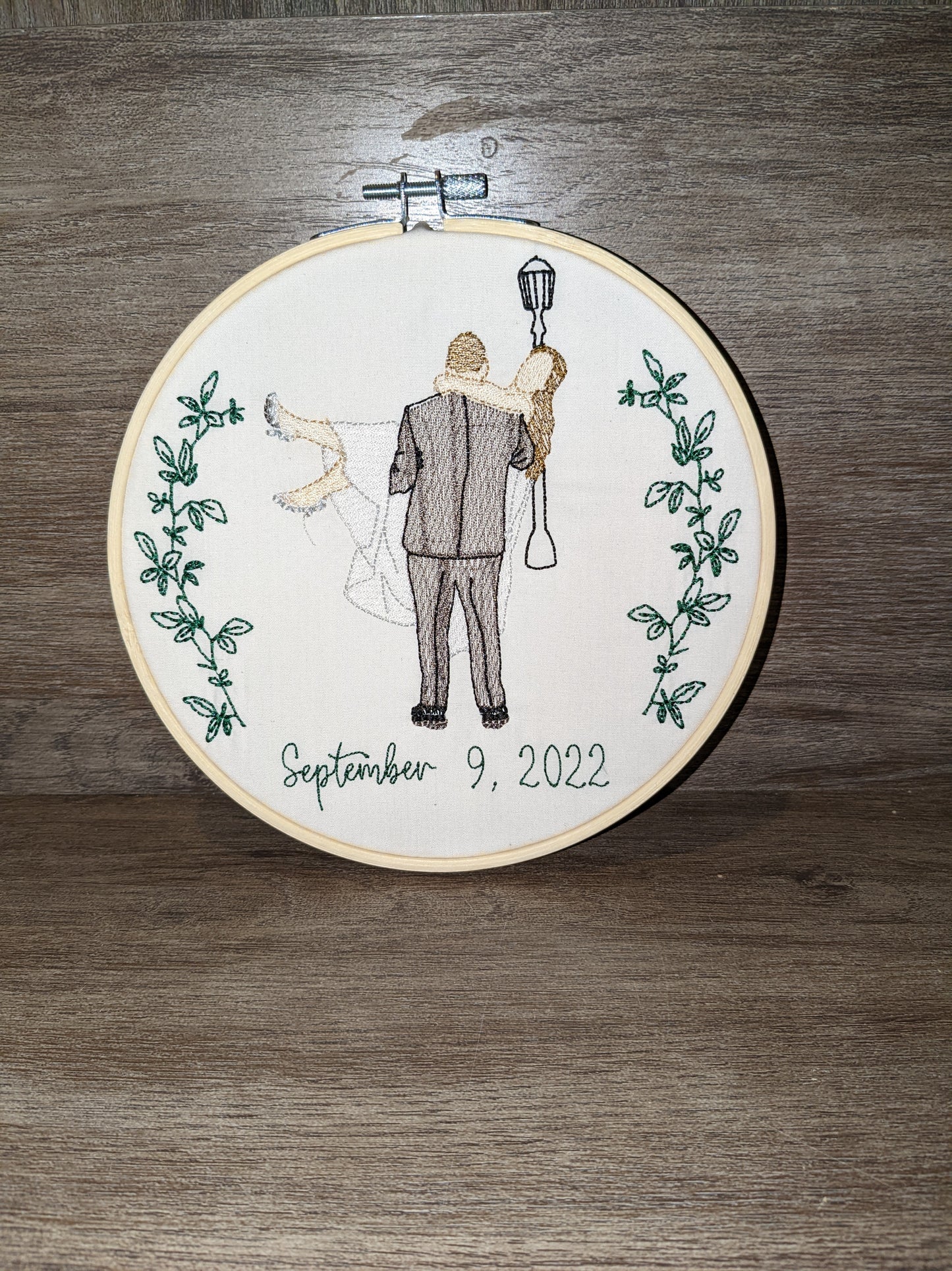 Custom embroidered couple portrait hoop