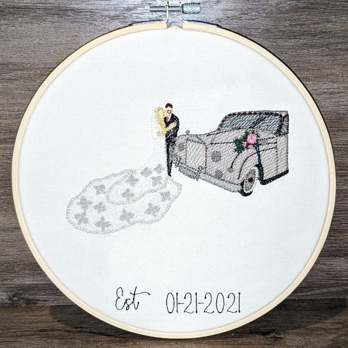 Custom embroidered couple portrait hoop